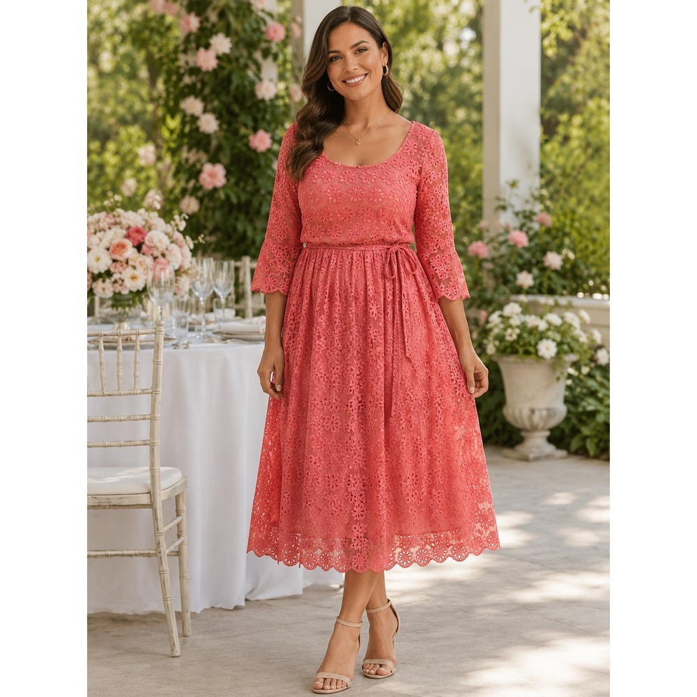 eShakti Coral Embroidered Floral Eyelet Lace Midi Dress XL/18 Tie Waist Wedding